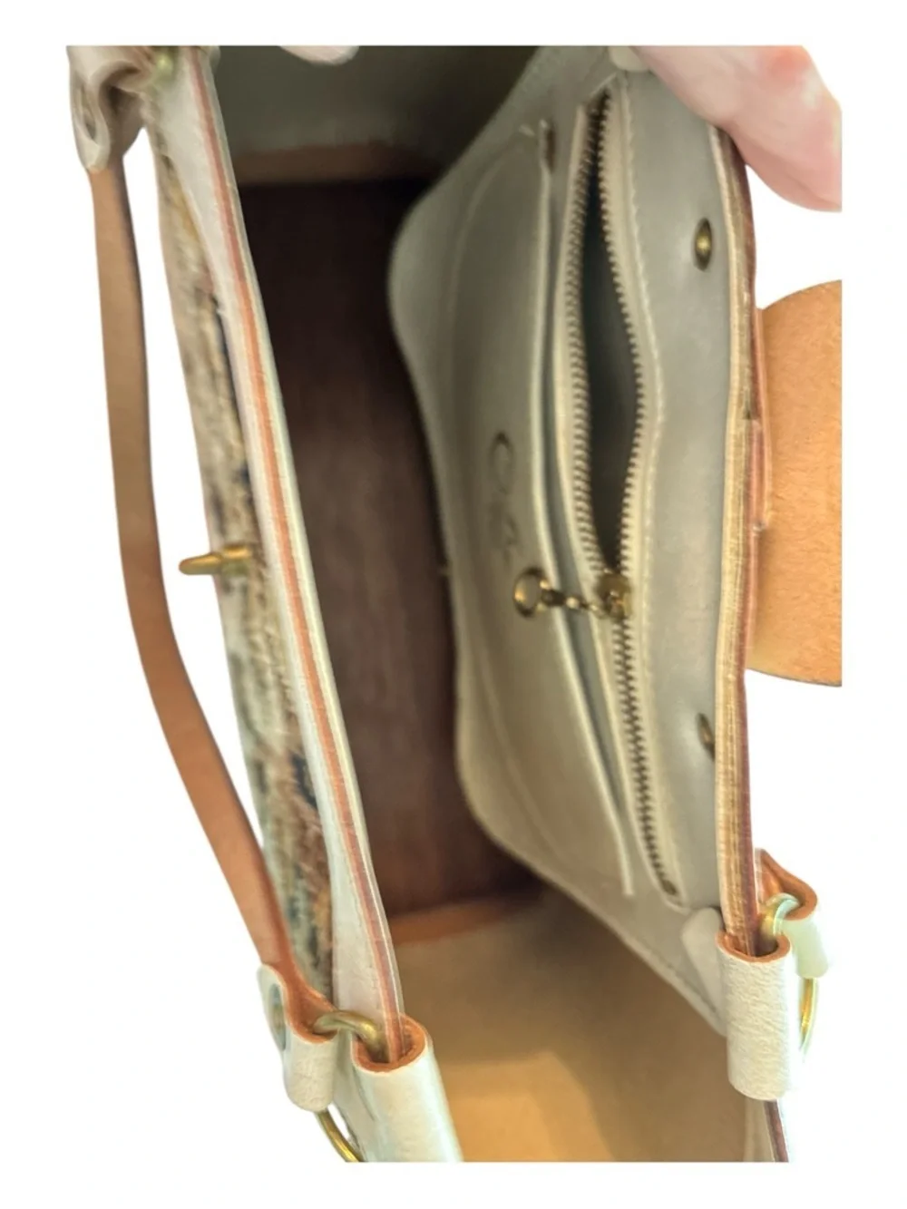 ENID COLLINS vintage structured wood and fabric bag. Earth tone ethnic design